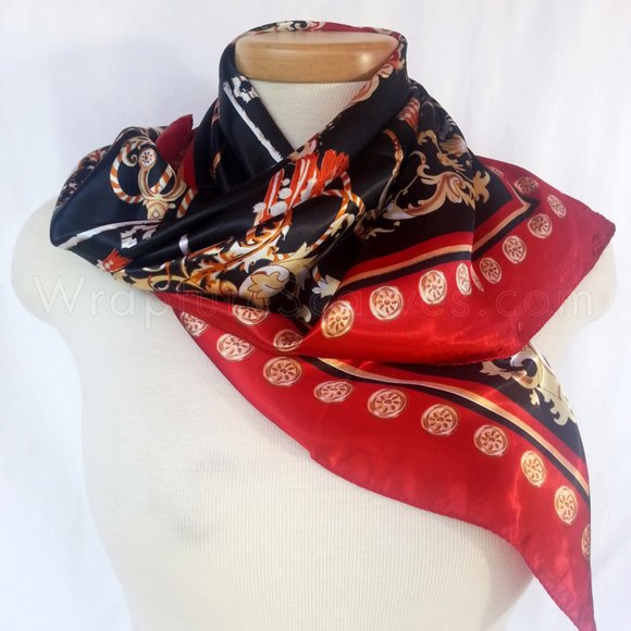 "Elizabeth” satin polyester scarf, Red/black $6.99 Shipping NWOT 35” square - Picture 4 of 4